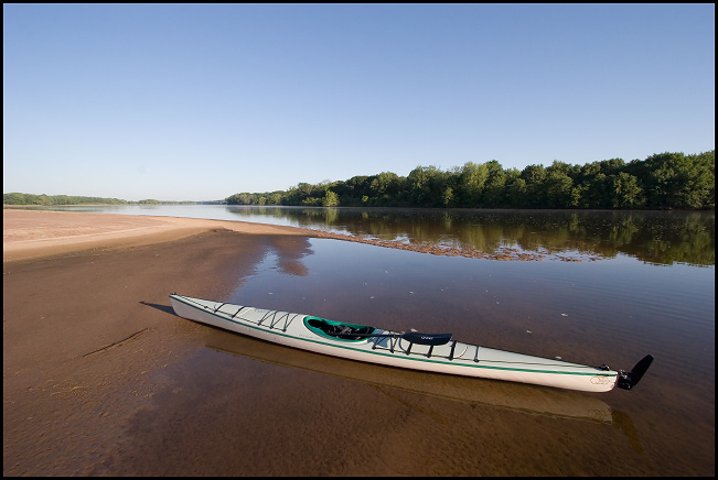 Kayak on sand bar on the Wisconsin River near Portage